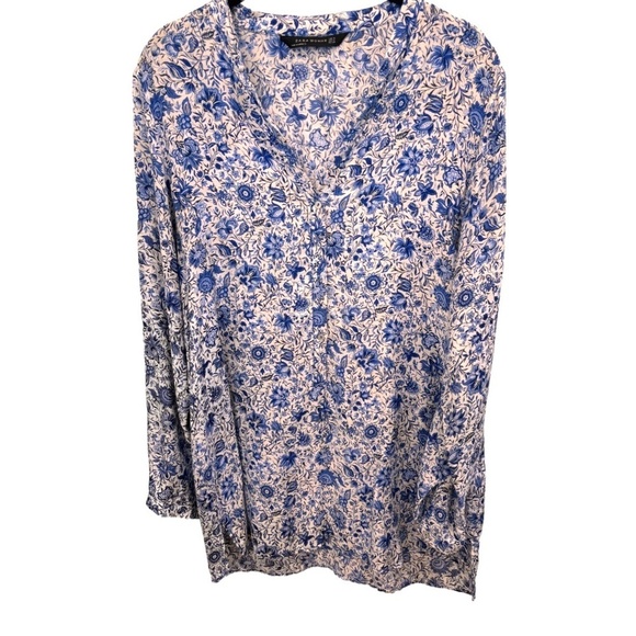 Zara Woman Tops - Zara Roll Tab Long Sleeve Blue White Floral Silk Blend Tunic Top Size Medium